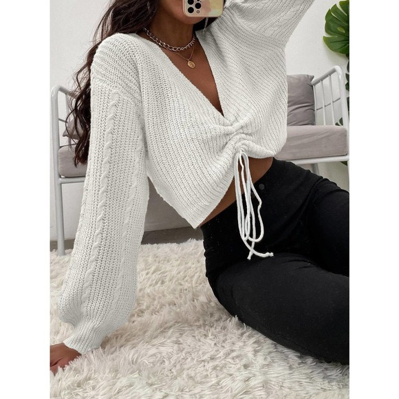 WILA Sweaters - Minimalist 00's trendy Lantern Sleeve Drawstring Ruched Front Sweater white